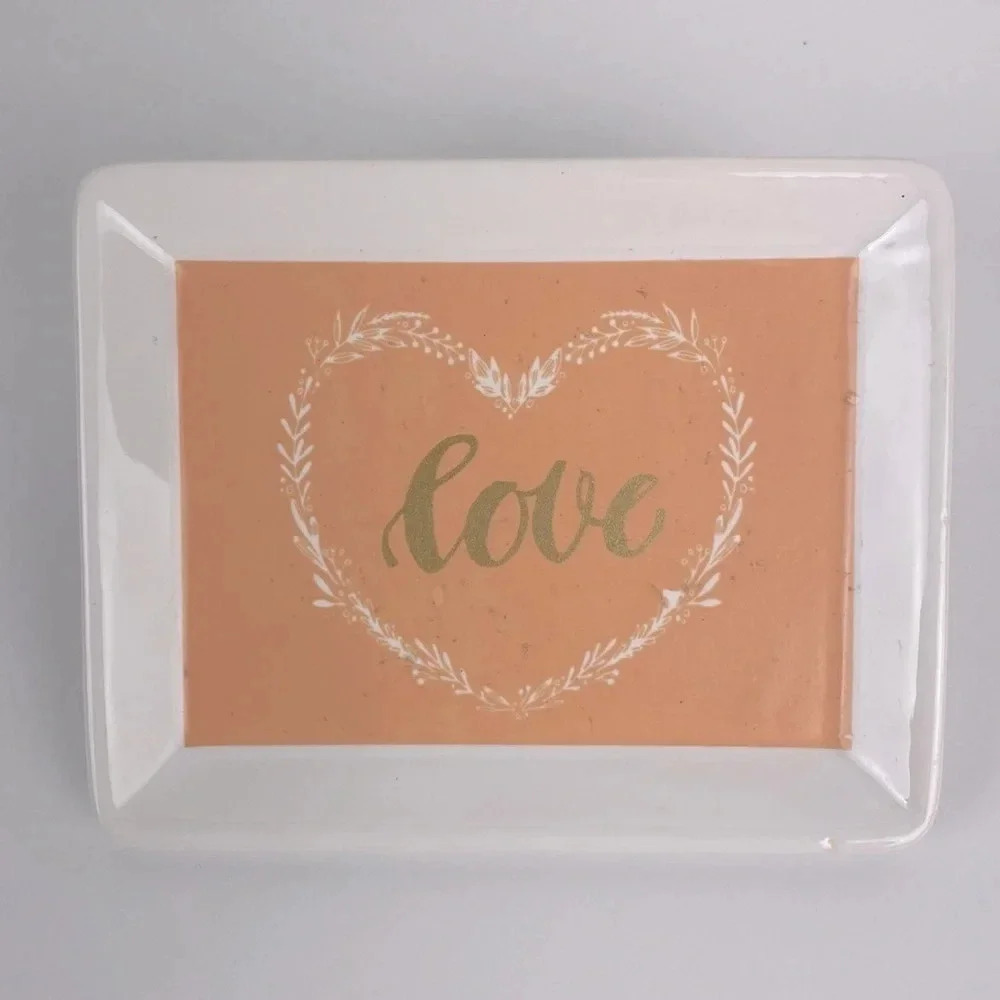 Graphic pink ceramic love square ring holder jewelry  trinket plate dresser